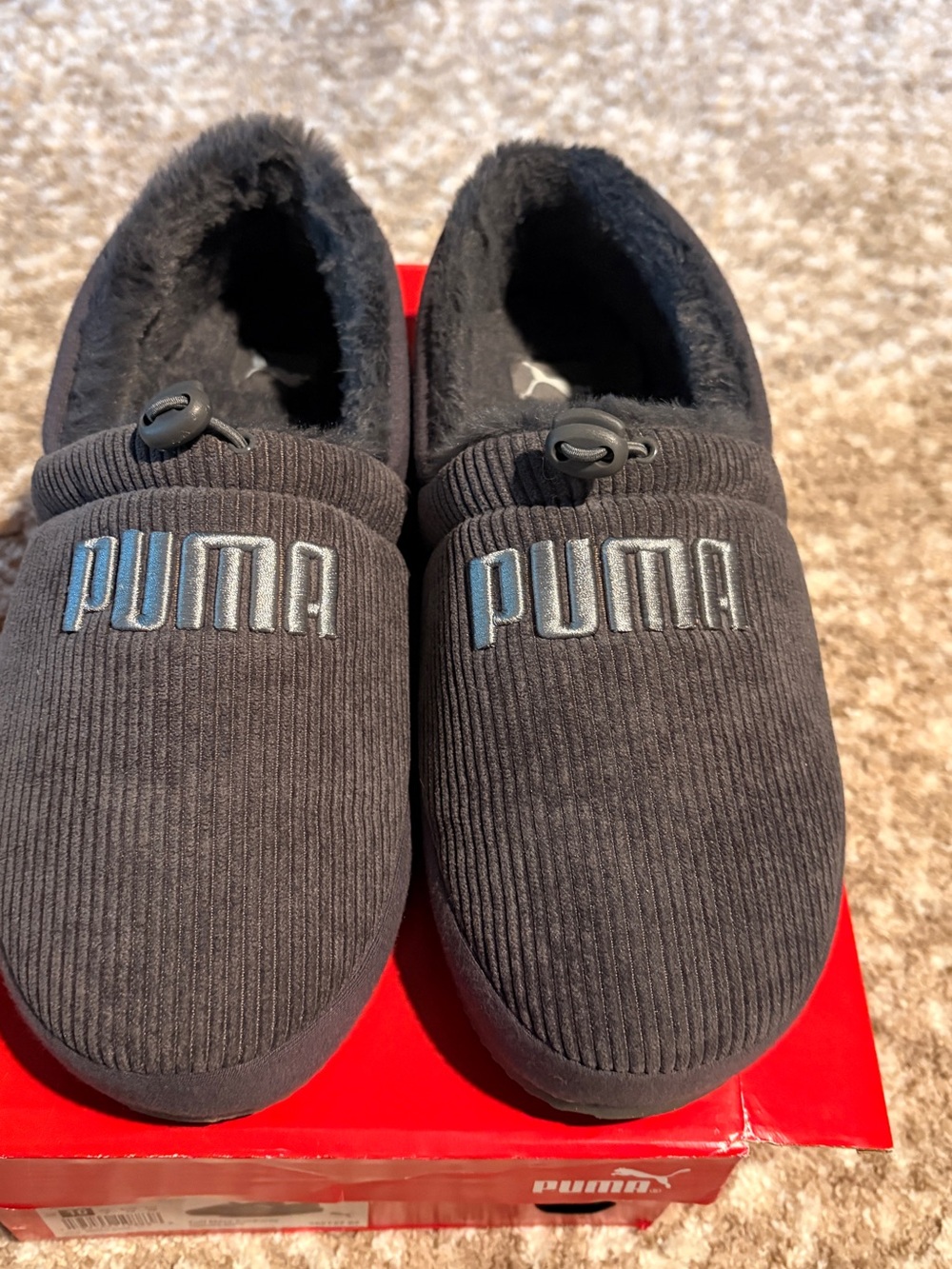 Puma Men's Black Corduroy Slide Slippers with Grey Logo
